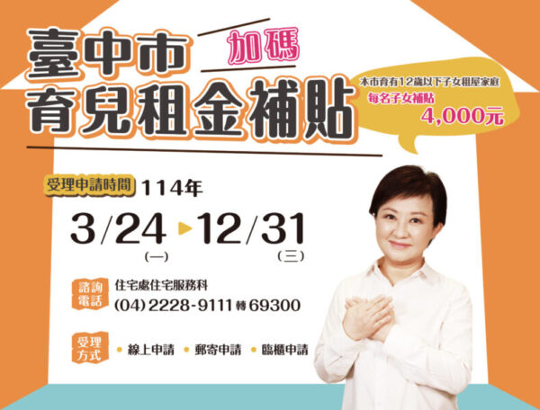 補助4,000元、無子女數上限 台中市育兒租金補貼開放申請