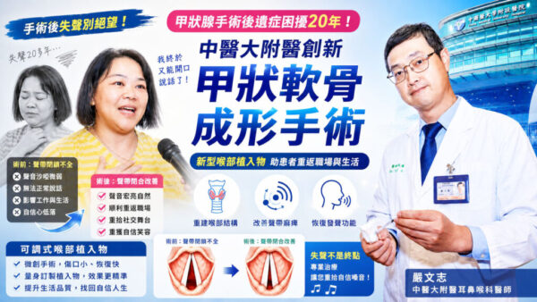 中醫大附醫院甲狀軟骨成形手術  助甲狀腺術後失聲婦人重拾嗓音