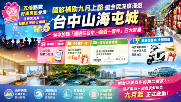 國旅補助九月上路邀全民深度漫遊台中山海屯城 台中加碼「週週住台中、度假一整年」四大好康