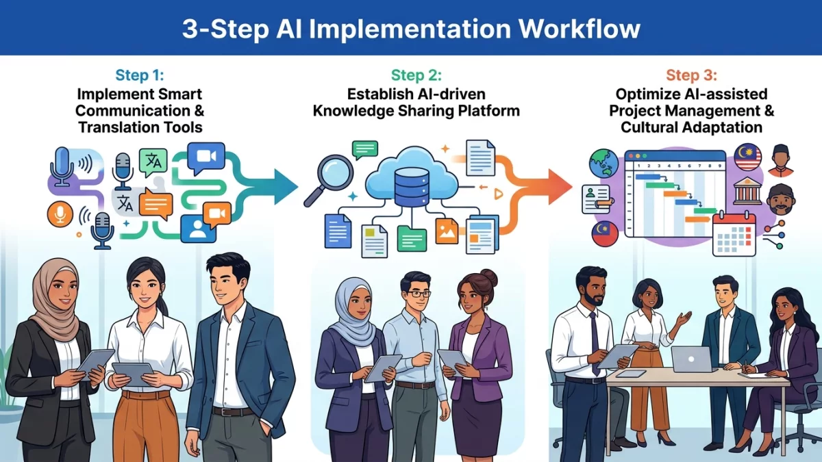 馬來西亞企業導入 AI 提升跨文化團隊協作的三步驟流程圖